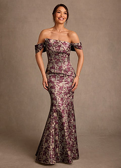 Azazie Nettie Brudens mor kjoler Havfrue Off the shoulder Jacquard Gulv-længde Kjole image1