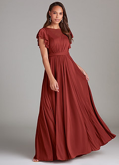 Azazie Daphne Modest Bridesmaid Dresses A-Line Ruched Mesh Floor-Length Dress image1