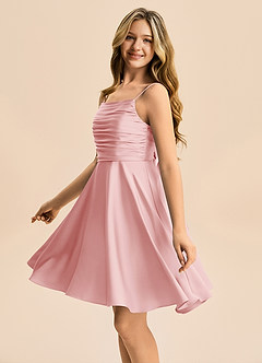 Azazie Miko Junior Powder Pink A-Line Pleated Stretch Satin Dress image7