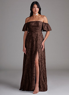 Azazie Sue Vestidos de madrinha de casamento Vestido Ganache de Esgotamento Floral de Linha A com Fora do ombro image5