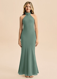 Azazie Velli Junior Syrena Wysoka Kołnierz Szyfon Długość podłogi Młodsza druhna Sukienka image3