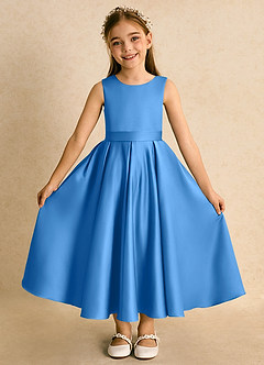 Azazie Junebuj Flower Girl Dresses Blue Jay Ball-Gown Pleated Matte Satin Dress image4