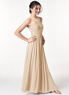 Azazie Jiya Junior Champagne A-Line Pleated Mesh Dress image3