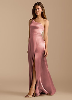 Azazie Trina Bridesmaid Dresses Dusty Rose A-Line One Shoulder Metallic Satin Dress image1