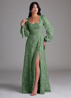 Azazie Leonia Bridesmaid Dresses Eucalyptus A-Line Long Sleeve Floral Burnout Dress image4
