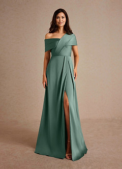 Azazie Milton Mother of the Bride Dresses Eucalyptus A-Line Pleated Stretch Satin Dress image7