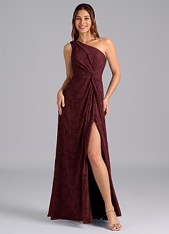 Azazie Brooke Bridesmaid Dresses Cabernet A-Line One Shoulder Floral Burnout Dress image4