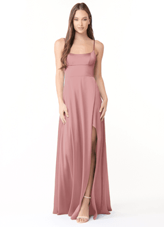 Azazie Halsey Bridesmaid Dresses Dusty Rose Sheath Side Slit Stretch Satin Dress image1