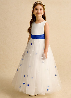 Azazie Cricket Flower Girl Dresses Ivory Royal Blue Ball-Gown Pleated Matte Satin Dress image5