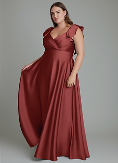 Azazie Leilani Robes de demoiselle d'honneur Robe Trapèze en Satin extensible Drapé Terracotta image4