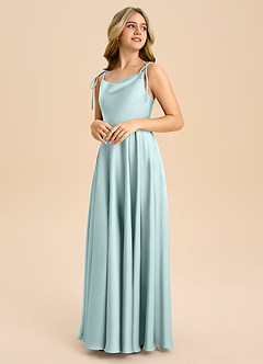 Azazie Popsy Junior Sea Glass A-Line Bow Stretch Satin Dress image4