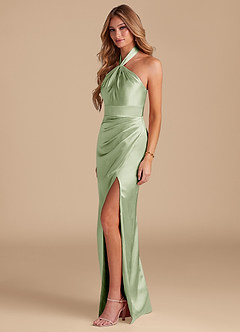 Azazie Zaya Bridesmaid Dresses Dusty Sage Sheath Pleated Metallic Satin Dress image4