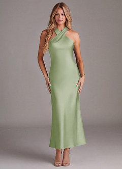 Azazie Doretta 신부 들러리 드레스 인어 주름진 스트레치 새틴 발목 길이 드레스 image1