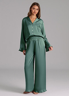 front Matching Color Ruffled Satin Long Sleeve Pajama Set