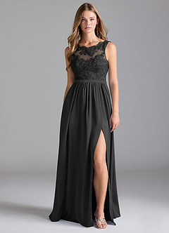 Azazie Elly Vestidos de damas de honor Vestido de Negro de Satén Elástico de Corte en A con Encaje image3