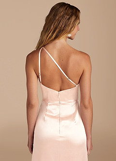 Azazie Mika Bridesmaid Dresses Rose Gold Sheath One Shoulder Metallic Satin Dress image2