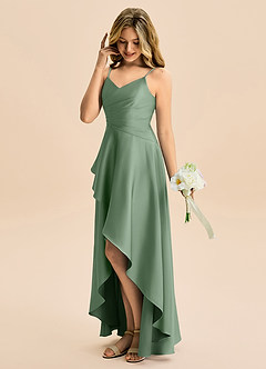 Azazie Eirlys Junior Robe Trapèze en Satin extensible Plissée Matcha image3