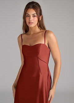 Azazie Valentine Vestidos de damas de honor Vestido de Terracota de Satén Elástico de Corte en A con Corsé image6