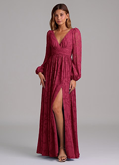 Azazie Norah Bridesmaid Dresses Burgundy A-Line Long Sleeve Floral Burnout Dress image5