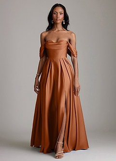 Azazie Loisa Abiti da Damigella Abito A-Line in Raso Elasticizzato a Spalla Scoperta Rame image7