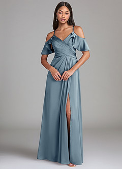 Azazie Dakota Vestidos de damas de honor Vestido de Azul Polvoriento de Satén Elástico de Corte en A con Vestidos sin tirantes image3