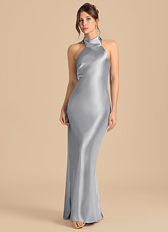 Azazie Velli Brautjungfernkleider Etui Hoher Kragen Metallischer Satin Kleid Silber image4