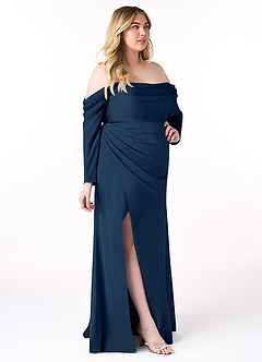 Azazie Hallie Bridesmaid Dresses Dark Navy Sheath Off-The-Shoulder Long Sleeve Stretch Satin Convertible Dress image11