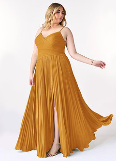Azazie Vini Bridesmaid Dresses Butterscotch A-Line V-Neck Pleated Chiffon Dress image10