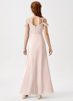 Azazie Ocean Junior Blushing Pink A-Line Off the Shoulder Stretch Satin Dress image6