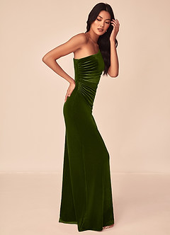 Azazie Argan Bridesmaid Dresses Olive A-Line One Shoulder Pleated Velvet Dress image3