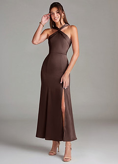 Azazie Rue Robes de demoiselle d'honneur Robe Sirène en Satin extensible Plissée Ganache image1