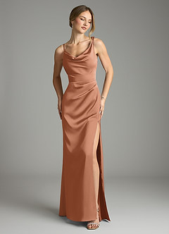 Azazie Samara Robes de demoiselle d'honneur Robe Sirène en Satin extensible Plissée Bronze image1
