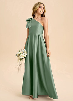 Azazie Penguin Junior Matcha A-Line Bow Stretch Satin Dress image6