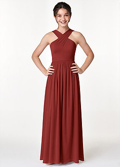Azazie Jiya Junior Rust A-Line Pleated Mesh Dress image4