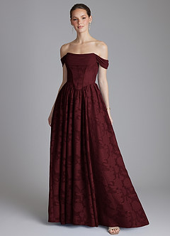 Azazie Raisa Bridesmaid Dresses Cabernet A-Line Off the Shoulder Floral Burnout Dress image1