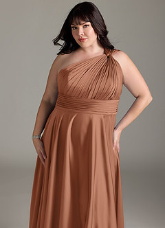 Azazie Charlize Bridesmaid Dresses Bronzer A-Line One Shoulder Stretch Satin Dress image14