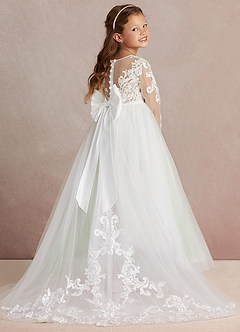 Azazie Elodie Flower Girl Dresses Ivory Dusty Sage Ball-Gown Lace Dress image1
