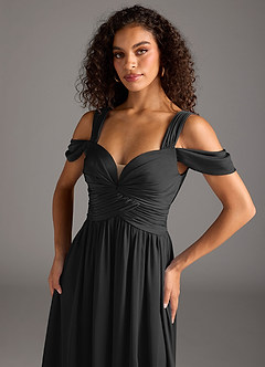 Azazie Lianne Jurken voor bruidsmeisjes Jurk van Stretch Satijn met A-Lijn Off the Shoulder Zwart image3