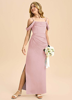 Azazie Saige Junior Abito Tubino in Raso Elasticizzato a Spalla Scoperta Rosa Cipria image5