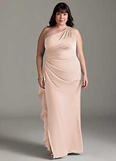 Azazie Latrice Brautjungfernkleider Etui Kaskadierende Rüschen an einer Schulter Stretch-Satin Kleid Zartrosa image6