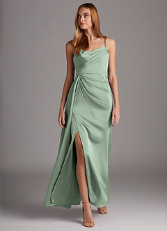 Azazie Bona Final Sale Agave A-Line V-Neck Pleated Stretch Satin Dress image4