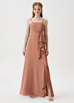 Azazie Kaylee Junior Bronzer A-Line with Belt Stretch Satin Dress image3