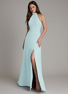 Azazie Myra Bridesmaid Dresses Sea Glass A-Line High Neck Chiffon Dress image1