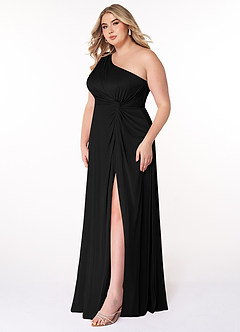 Azazie Brooke Vestidos de madrinha de casamento Vestir Preto de Malha de Linha A com Um ombro image8
