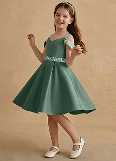 Azazie Judi Flower Girl Dresses Eucalyptus A-Line Matte Satin Dress image3