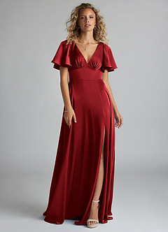 Azazie Kimber Bridesmaid Dresses Scarlet A-Line Ruched Stretch Satin Dress image3