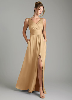 Azazie Karina Bridesmaid Dresses Gold A-Line Pleated Stretch Satin Dress image1
