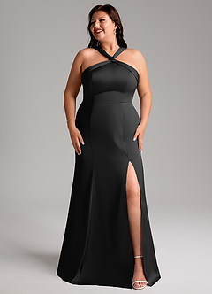 Azazie Phaedra Bridesmaid Dresses Black A-Line One Shoulder Stretch Satin Dress image4