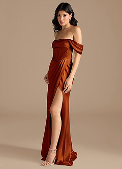 Azazie Lynden Bridesmaid Dresses Auburn Sheath Off the Shoulder Metallic Satin Convertible Dress image8