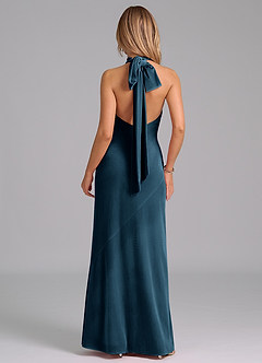 Azazie Velli Vestidos de damas de honor Vestido de Topacio Azul de terciopelo de Corte Sirena con Cuello Alto image7